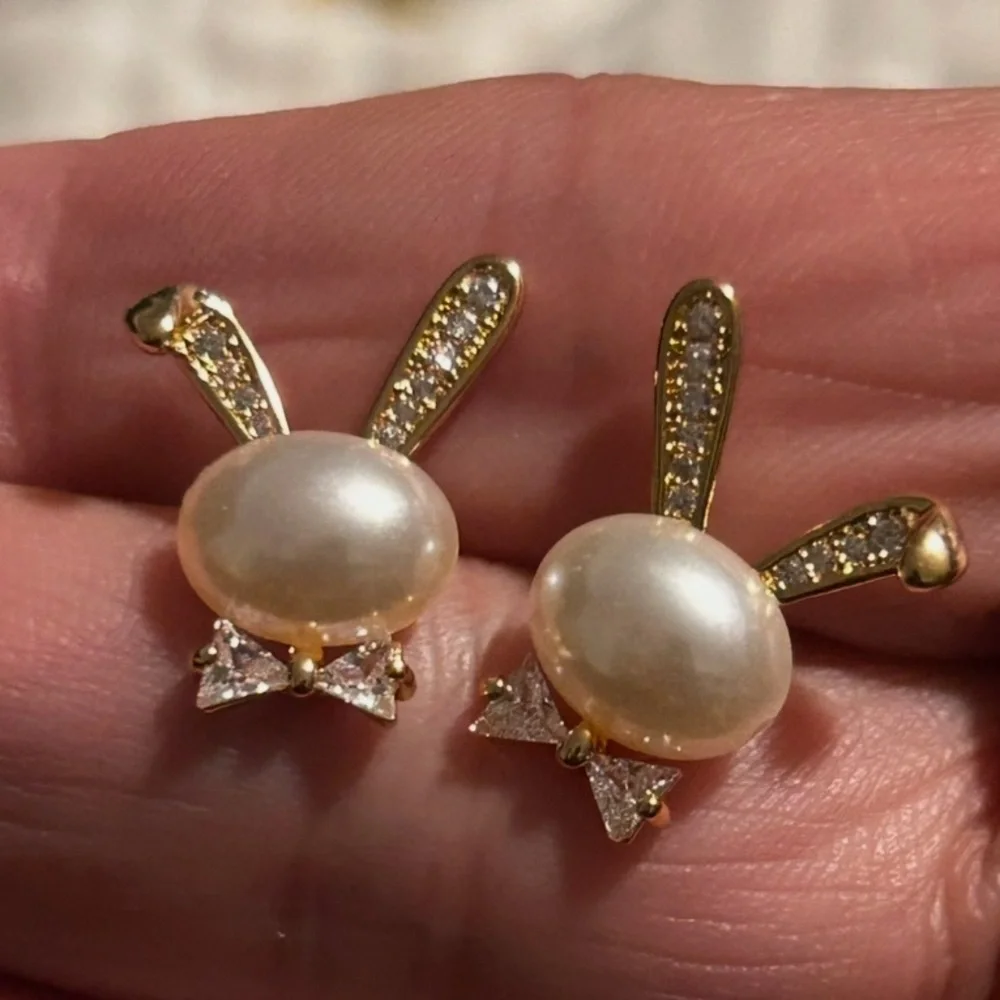 Bunny Rhinestone | Pearl Bougie Ears & Bow Tie Stud Gold Tone Earrings LAST PAIR - Picture 9 of 10
